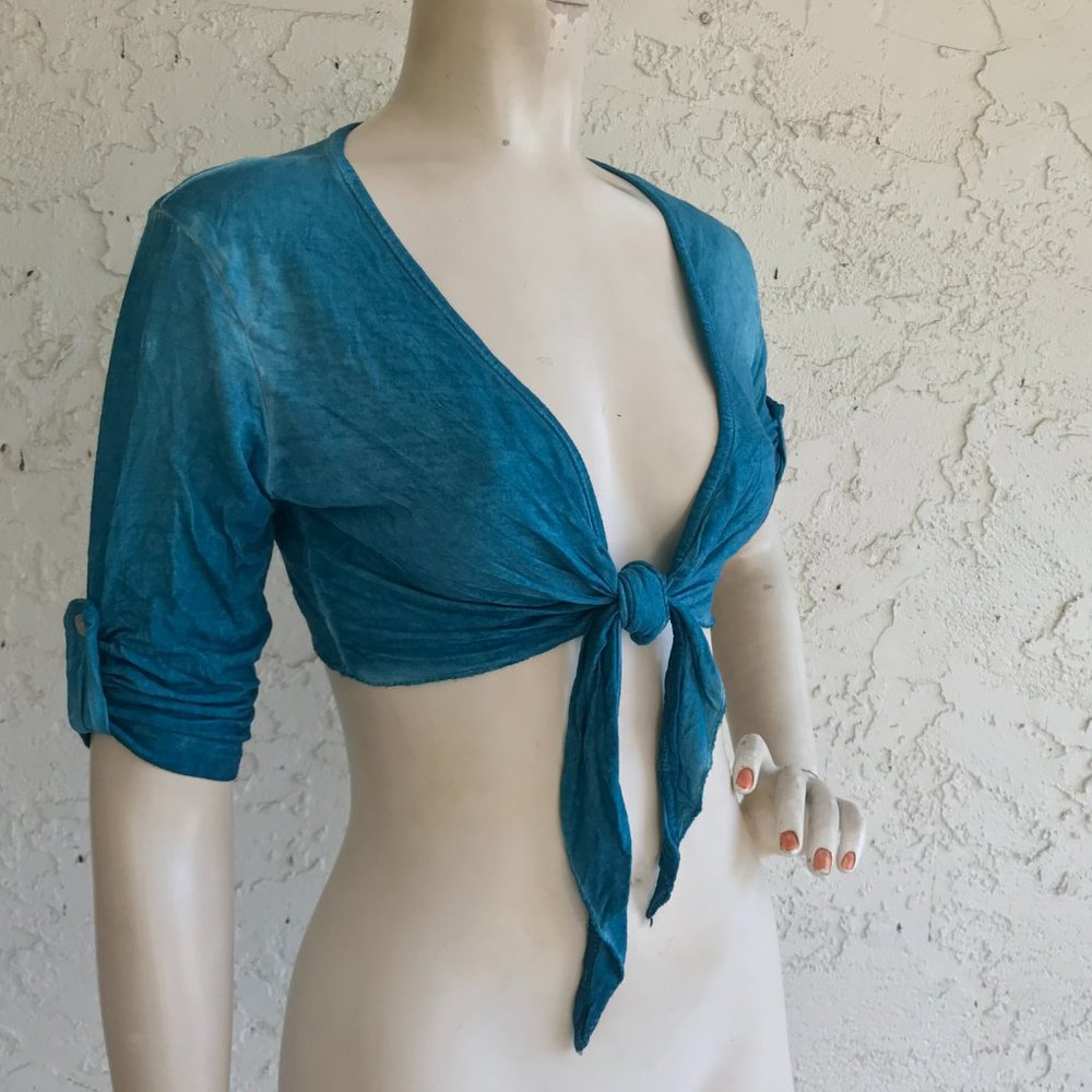 TEMPO Paris Crop Top NWT $154 Blue Stretch Knot Tie Front Size S